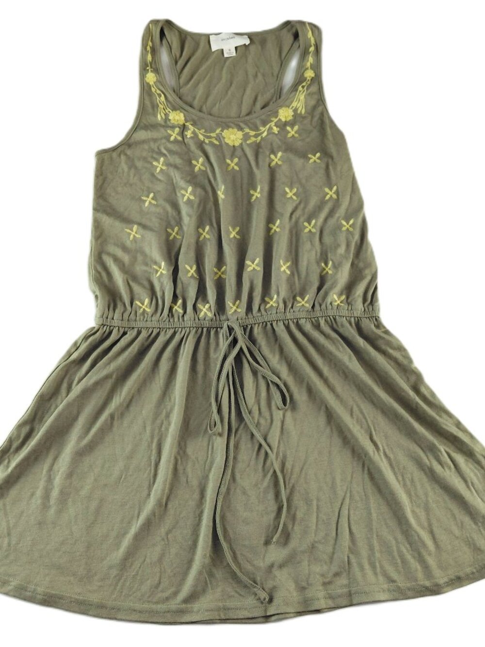 En Creme Sleeveless Cinch Waist Jersey Dress Women's S Olive Green Embroidered